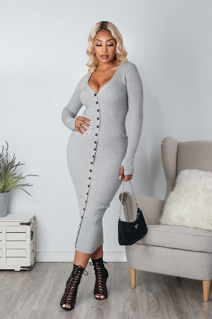 Stay Calm Ribbed Knit Button Down Midi Dress - HeatherGrey - KNOWSTYLE - EDGE - EDGEONLINESTORE