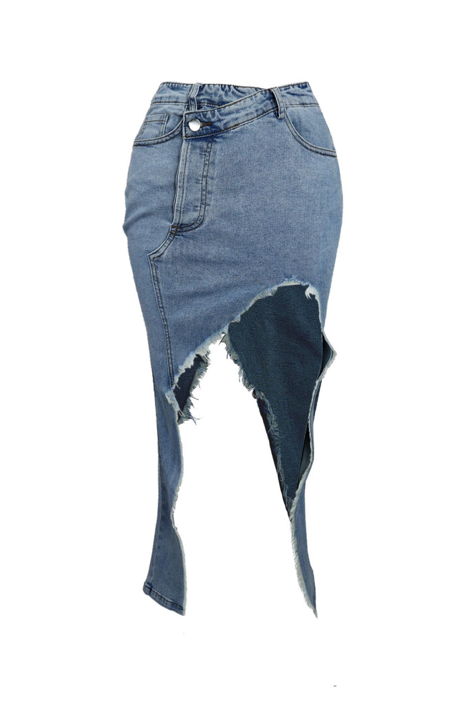 Soho Unbalanced Slit Denim Midi Skirt SKIRT EDGE Small Denim 