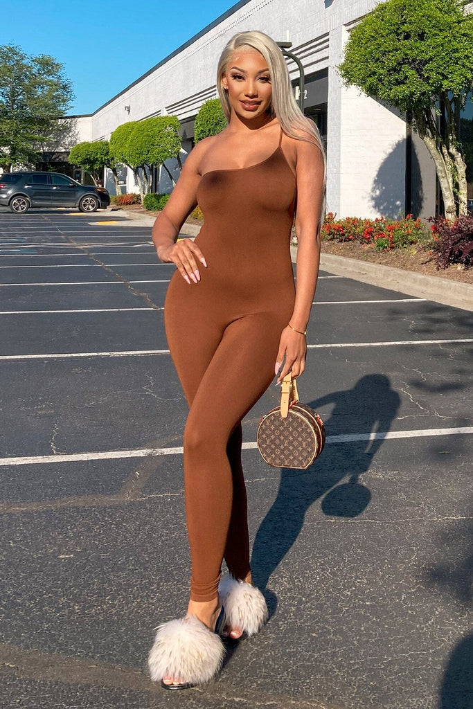 What's New One Off the Shoulder Catsuit - Brown - KNOWSTYLE - EDGE - EDGEONLINESTORE