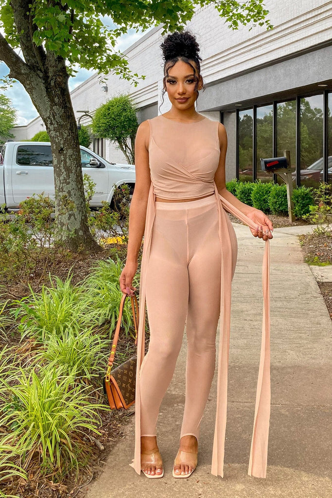 Your Future Mesh Crop Top & Ruched Pants SET - Nude - KNOWSTYLE - EDGE - EDGEONLINESTORE